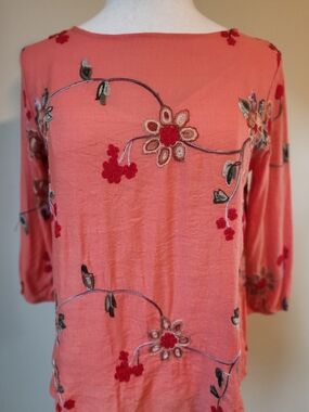 Embroidered Salmon Pink Coral Boho Floral Peasant Cottagecore Blouse Top Large